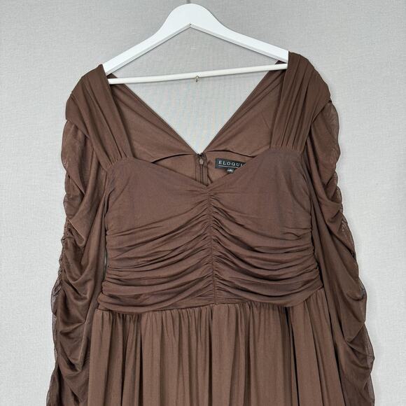 Eloquii Dress Womens 16 Brown Shirred Mesh Fit & Flare Midi Formal Party Gown - Picture 2 of 14